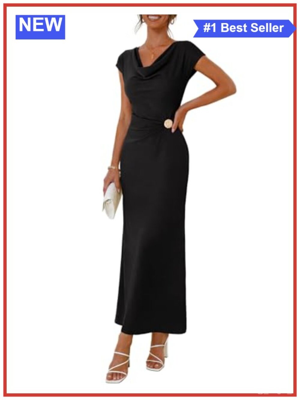 Elegant Bodycon Maxi Dress Cowl Neck Cap Sleeve Formal